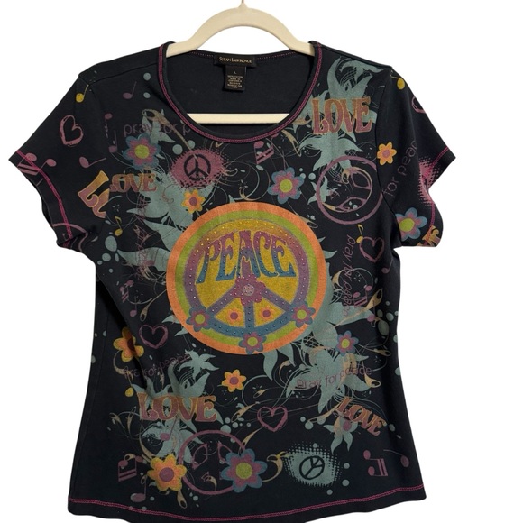 Susan Lawrence Tops - Y2K Fairy Grunge Peace Sign Graphic Tee Studded Hippie Top Size Large